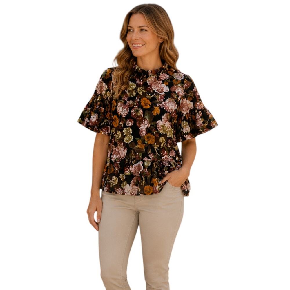 H&M Black Floral Print Short Sleeve Top, US2